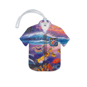 Front view of the Aloha Shirt Luggage Tag, featuring underwater fish and a turtle