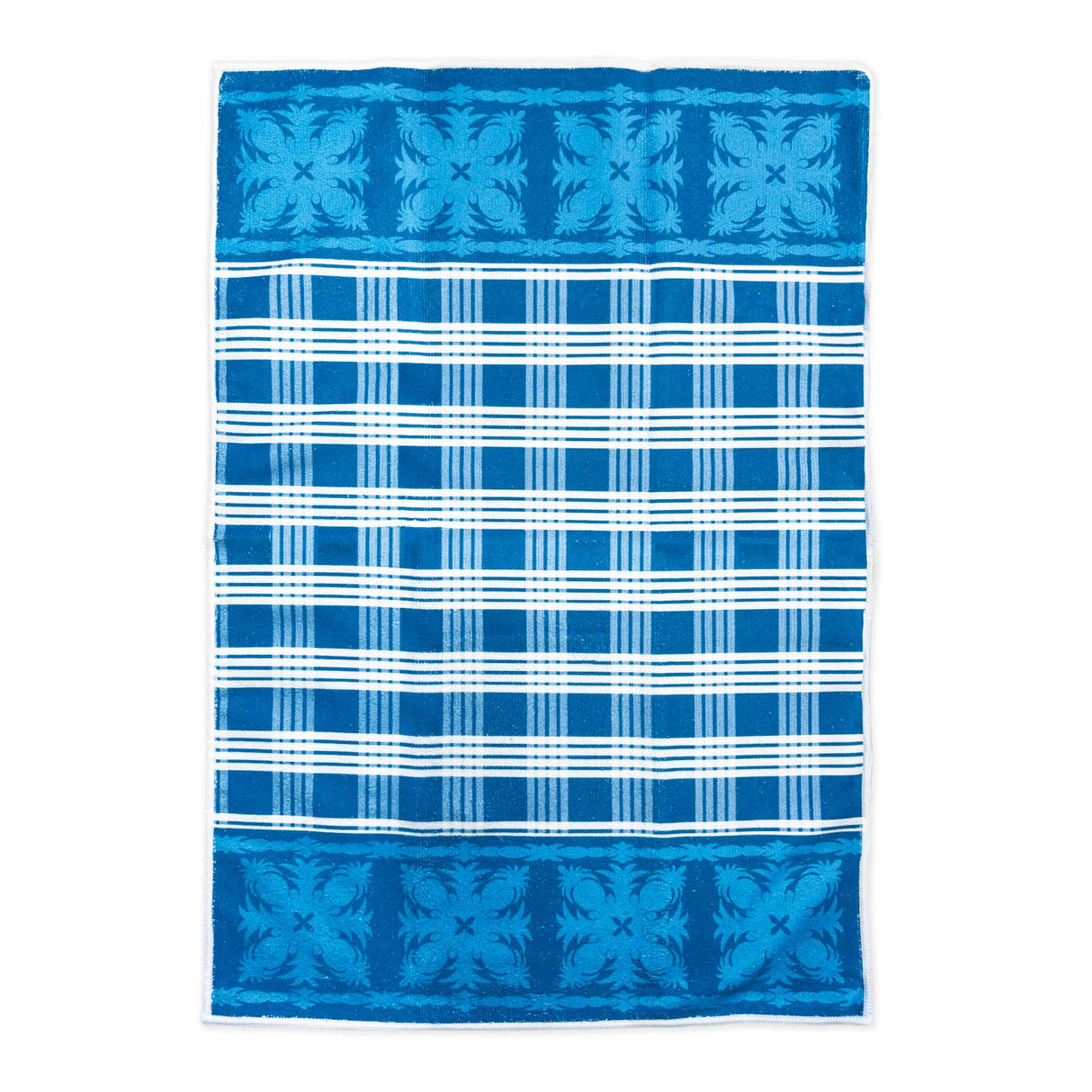 Blue and white checkered towel with decorative patterns on a white background