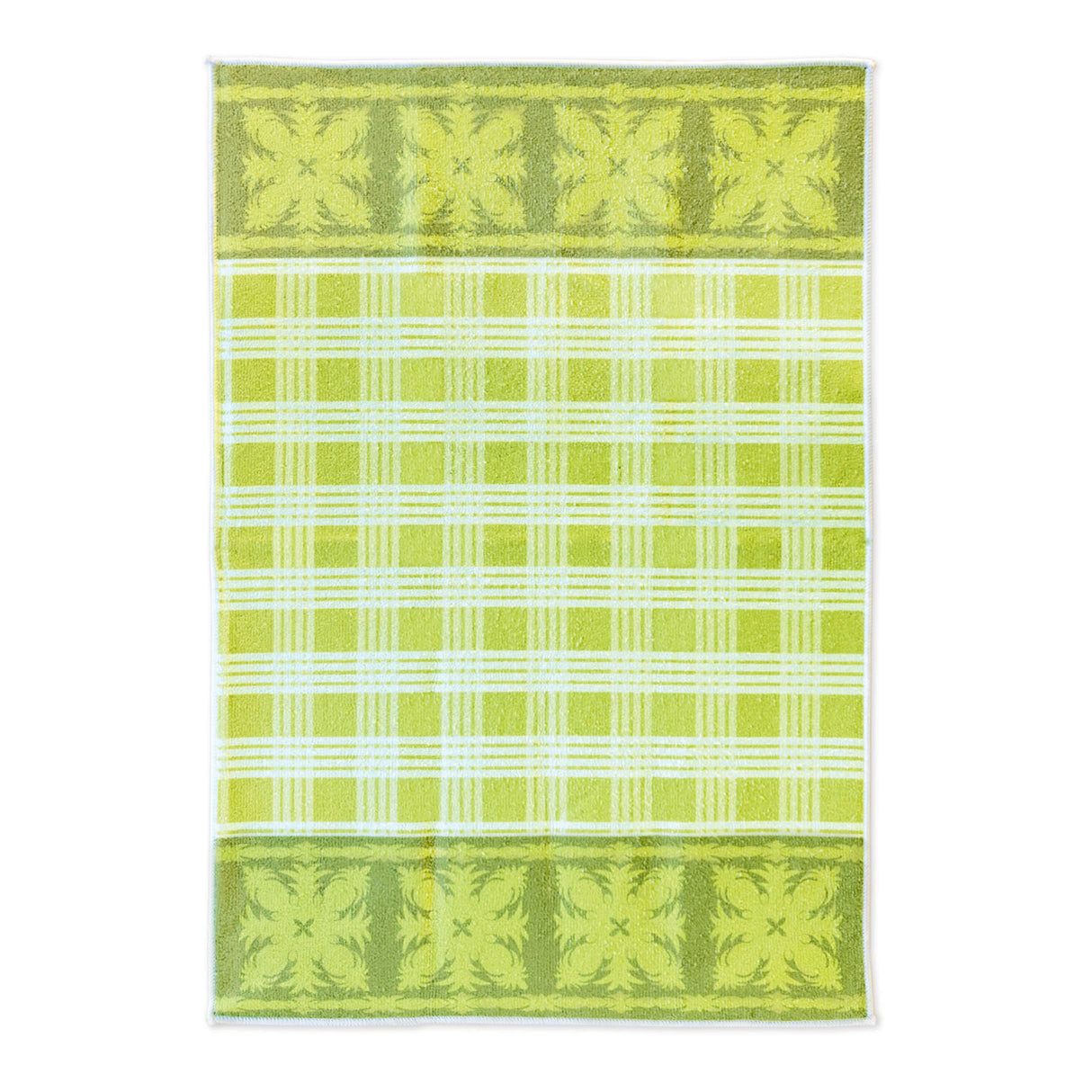 Green and white checkered kitchen towel with decorative borders on a white background
