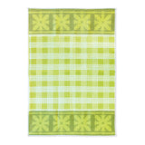 Green and white checkered kitchen towel with decorative borders on a white background