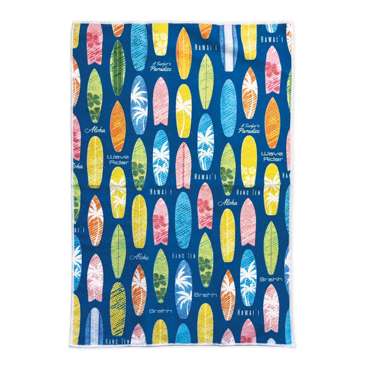 Colorful surfboard pattern on a blue background