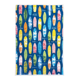 Colorful surfboard pattern on a blue background