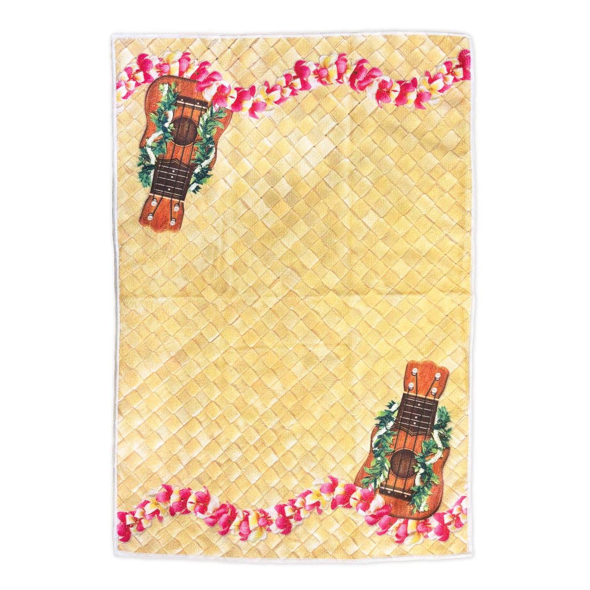Decorative mat with woven pattern, ukuleles, and pink lei on a white background