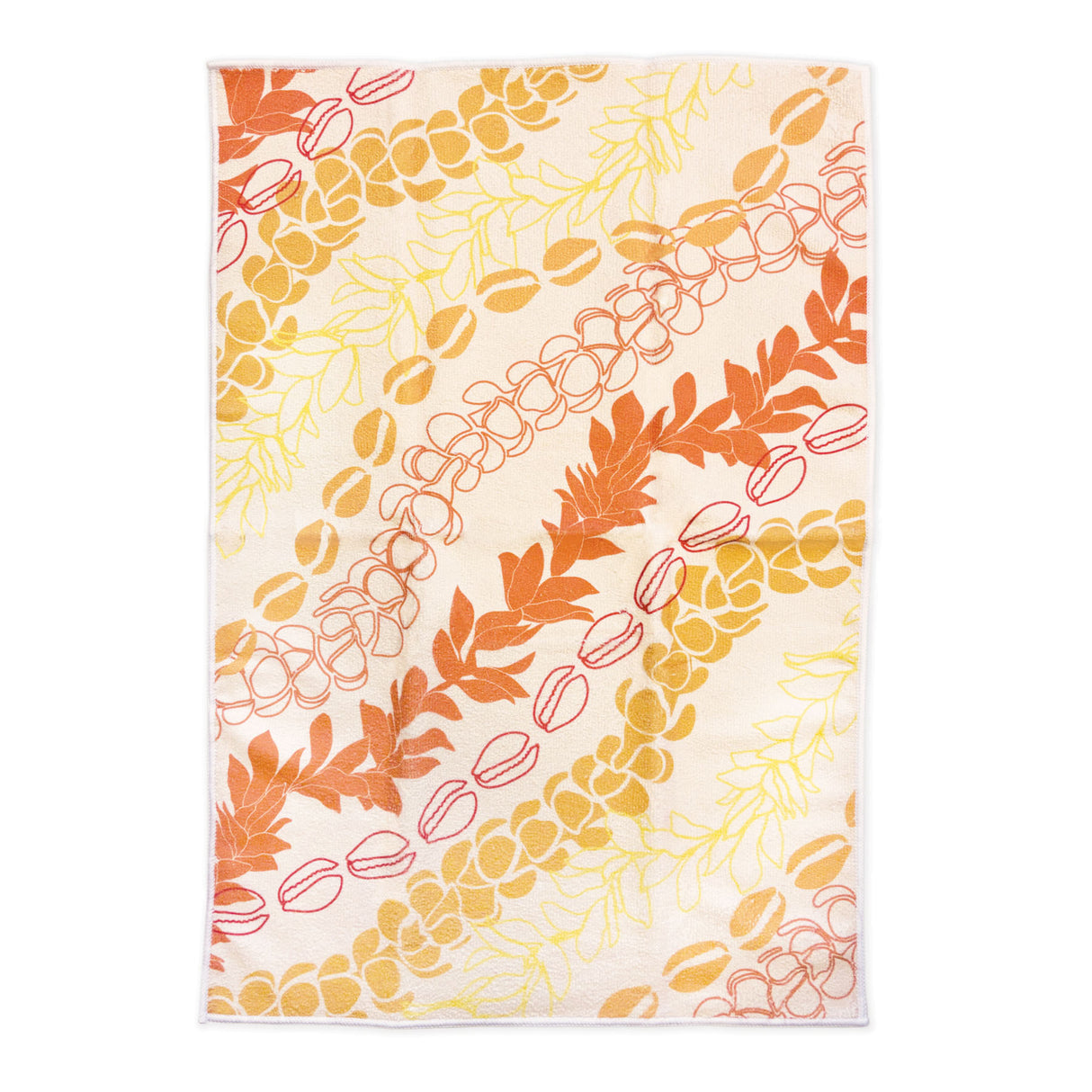 Decorative kitchen towel with orange lei floral pattern on a white background