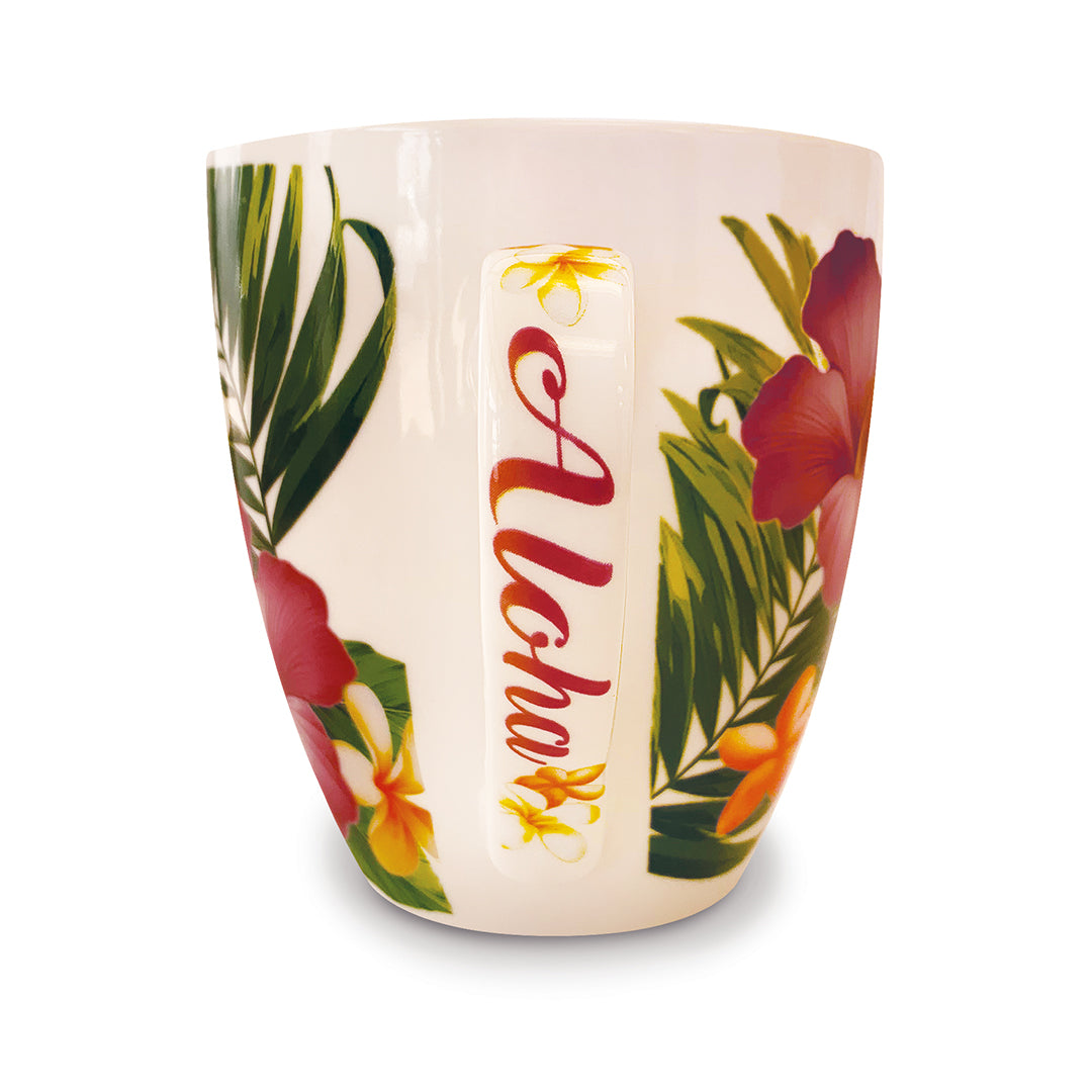 Handle view of a white aloha tropical flowers Hawaii mug
