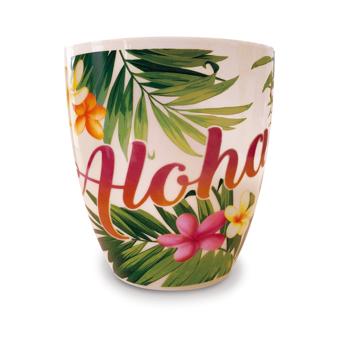 Front view of a Hawaii aloha tropical leaves and flowers white mug