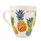 Side view of a white Hawaii aloha pineapple mug