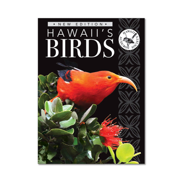 Book cover of 'Hawaii's Birds,' showcasing stunning photographs and detailed information on hundreds of bird species, including the common mynah and the nearly extinct po'ouli.