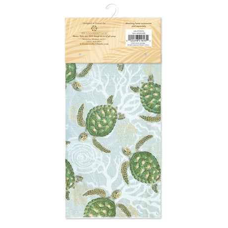 Package of blue microfiber kitchen towels with Hawaiian sea turtles.