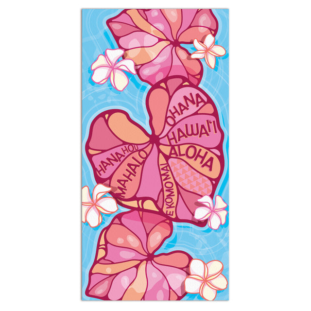 Towel with pink plumeria and kalo design and 'Hawaii' text on a blue background