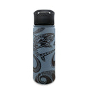 A black stainless steel flask with a geometric tribal shark pattern