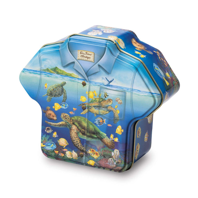 A collectible cookie tin shaped like an Aloha shirt, with a turtle and other tropical imagery on the front.
