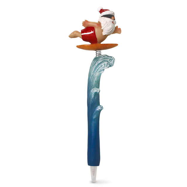 Holiday Hand-Painted Polyresin Spring Pen, Surfin’ Santa