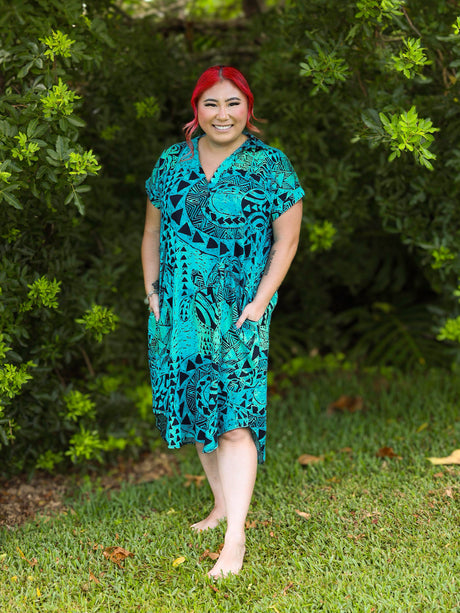 Honu Strength Teal Womens Collared Short Sleeve Dress