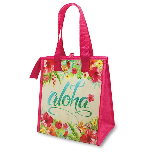 Insulated tote featuring an Aloha Floral design, showcasing vibrant tropical flowers, perfect for keeping food and drinks cool during outings.