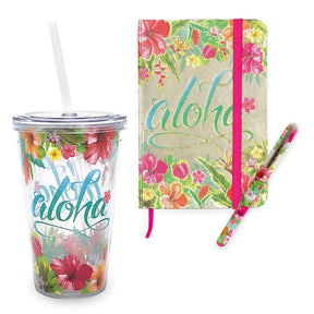 Aloha Floral Tumbler and Stationery Gift Bundle featuring tropical-themed drinkware and stationery, perfect for island-inspired gifting.