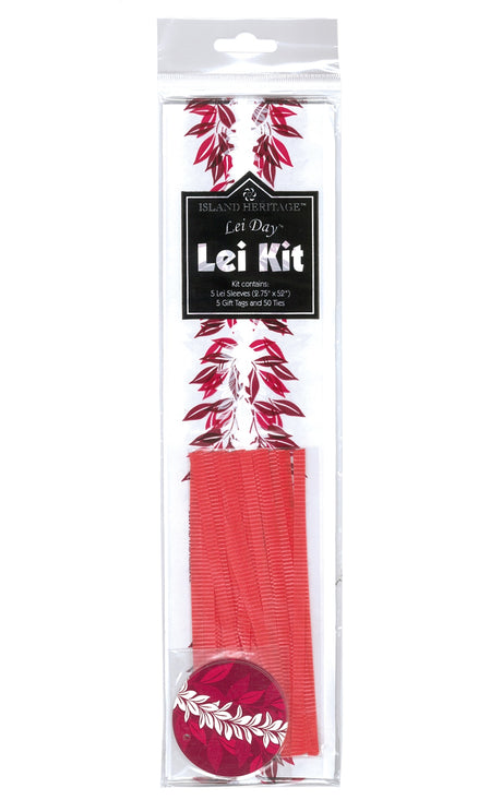 Candy Lei Kit, Maile in maroon packaging, with a rich Maile leaf design for crafting beautiful candy leis with tropical flair.