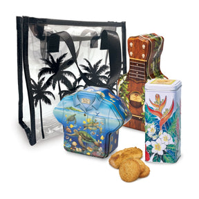 Cookie Tins with Tote Bag Gift Bundle featuring tropical-flavored cookies and a stylish tote bag, ideal for island-inspired gifting.