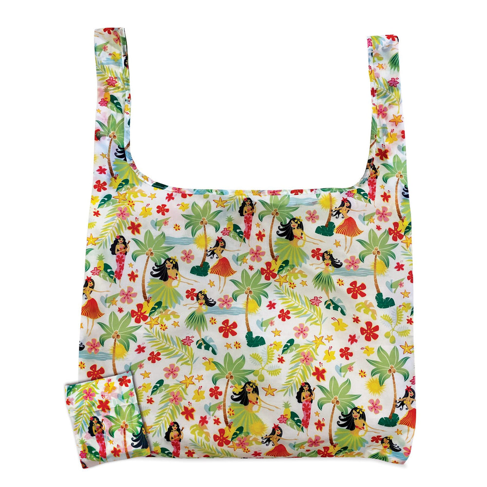 Foldable tote bag featuring the Island Hula Honeys design, showcasing colorful hula dancers and tropical motifs, ideal for convenient and stylish carrying.