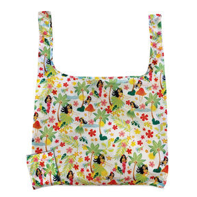 Foldable tote bag featuring the Island Hula Honeys design, showcasing colorful hula dancers and tropical motifs, ideal for convenient and stylish carrying.