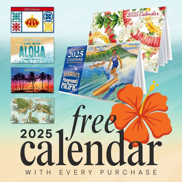 Our Island Heritage offering a free calendar with every purchase, featuring a cheerful island-inspired design.