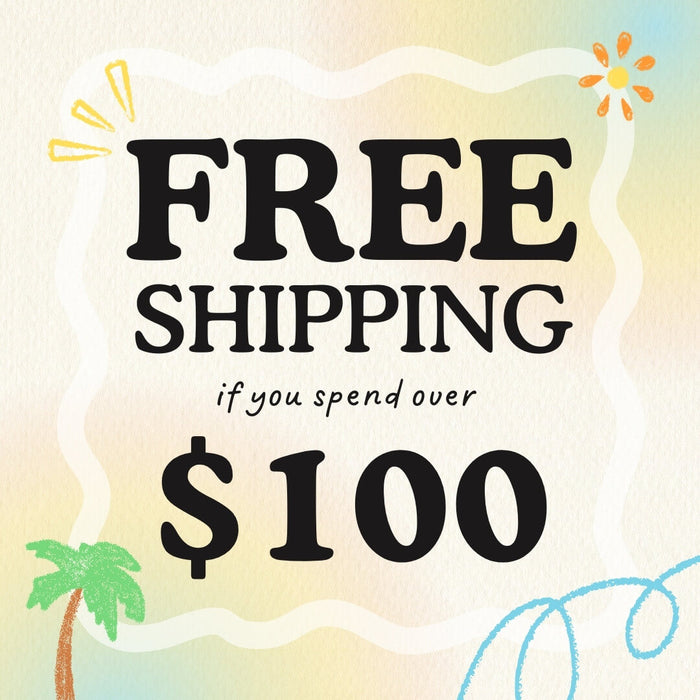 Promotional banner announcing free shipping on orders over $100, highlighted with tropical island-themed design.