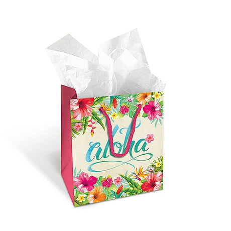Gift Bag with Aloha Floral design, featuring bold hibiscus and tropical leaves for festive island-style gifting.