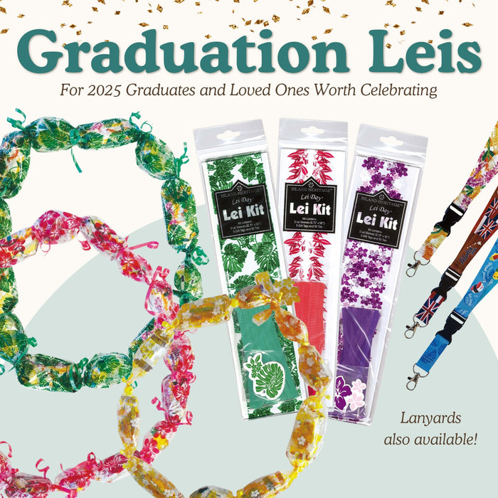 Graduation announcement featuring vibrant leis, celebrating island-style achievements with a festive Hawaiian touch.