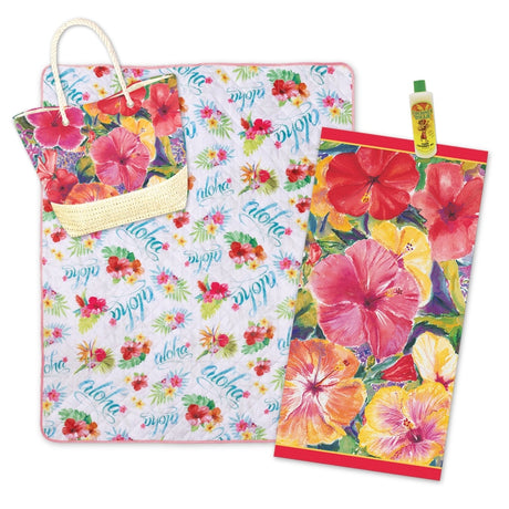 Hibiscus Aloha Beach Accessories Gift Bundle featuring vibrant floral-themed island essentials for a perfect beach day.