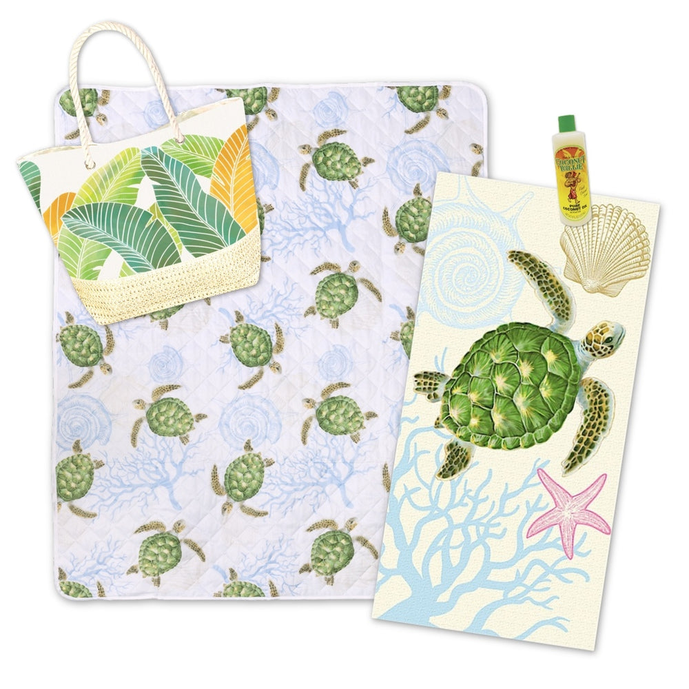 Honu Voyage Beach Accessories Gift Bundle featuring sea turtle-themed beach essentials, adding an island-inspired touch to your seaside adventure.