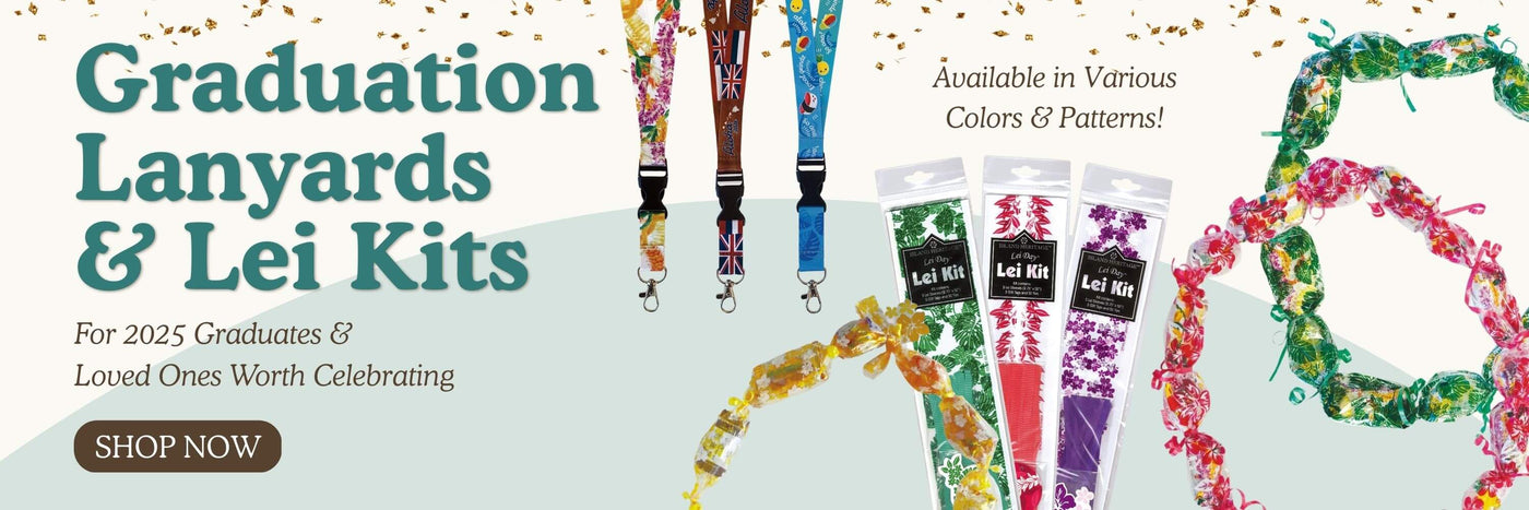 Graduation banner showcasing Lei Kit and Lanyard, perfect for celebrating achievements with island-inspired gifts.