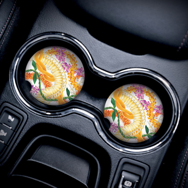 Leis Aloha car coaster banner featuring tropical floral designs, adding a touch of island charm to your vehicle accessories.
