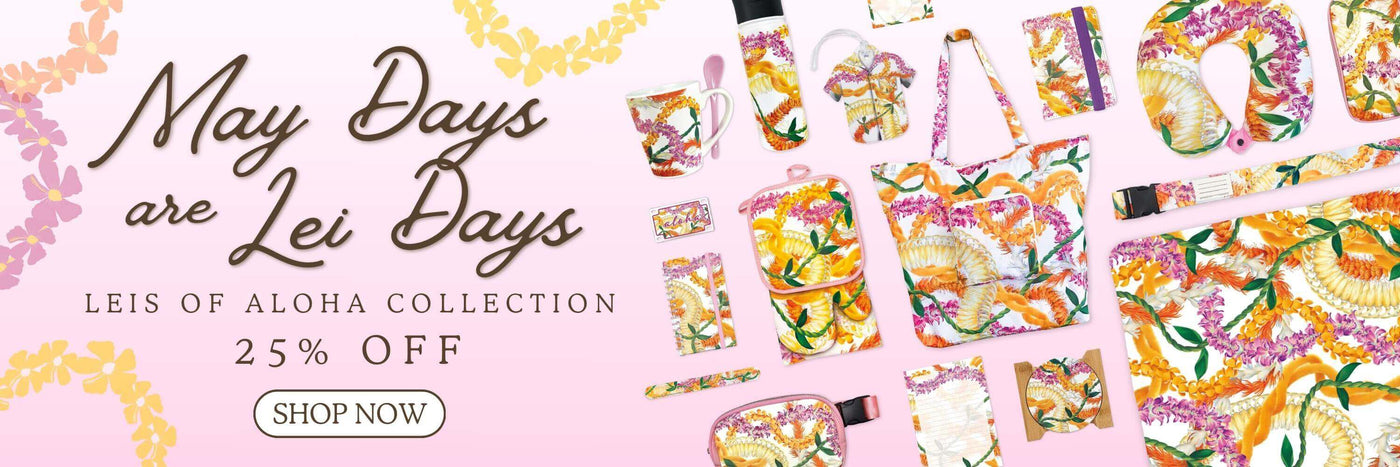 Promotional banner featuring colorful leis and the word Aloha, celebrating Hawaiian culture and festive island vibes.