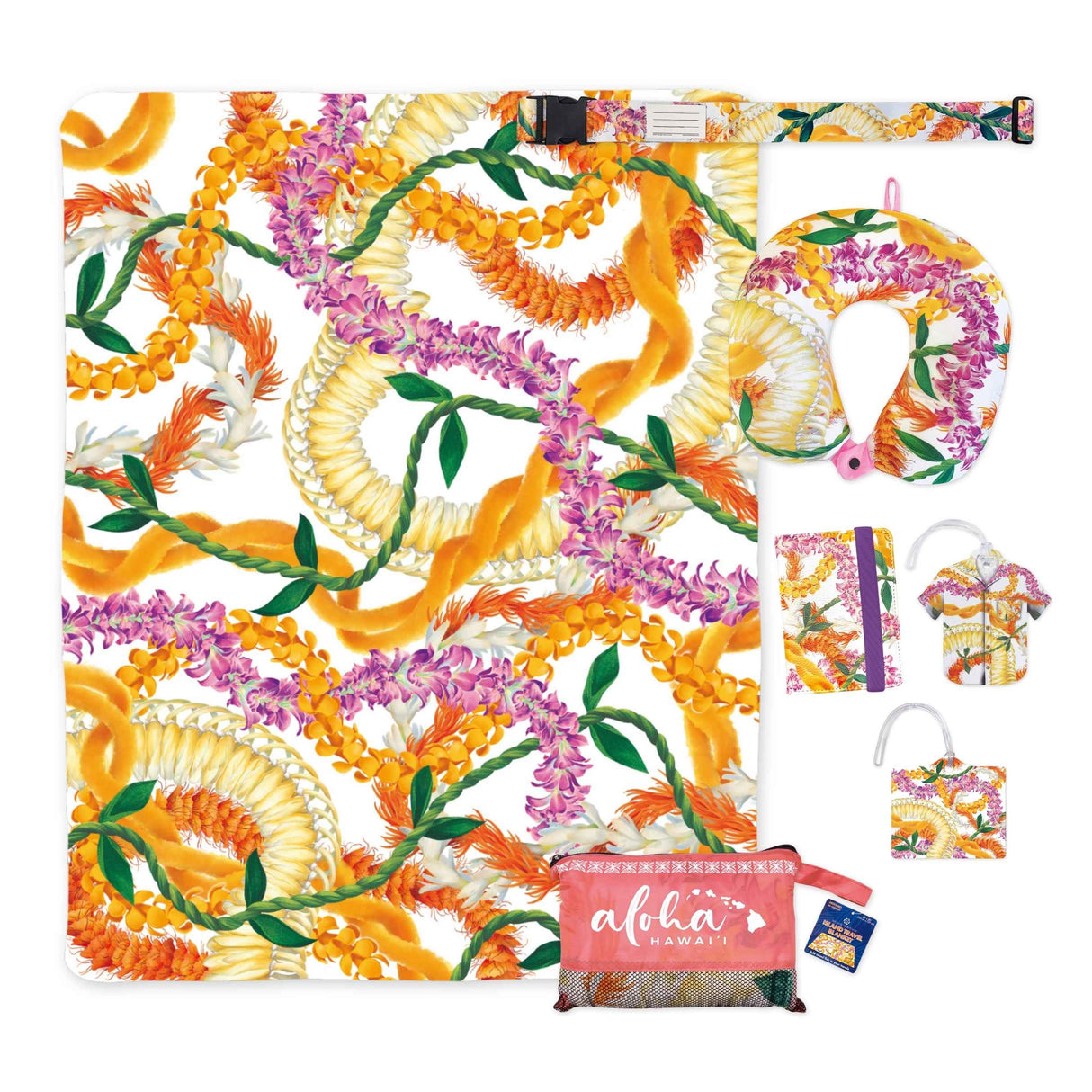 Leis of Aloha Travel Gift Bundle featuring island-themed travel essentials with vibrant floral designs inspired by Hawaiian culture.