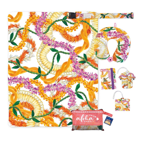 Leis of Aloha Travel Gift Bundle featuring island-themed travel essentials with vibrant floral designs inspired by Hawaiian culture.