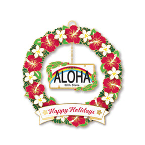 Hawaiʻi Metal Ornament designed as a license plate, featuring iconic island imagery and perfect for holiday or home décor.