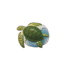 Hand Painted Polyresin Magnet featuring Honu and waves design with Aloha lettering, a beautiful tropical souvenir.