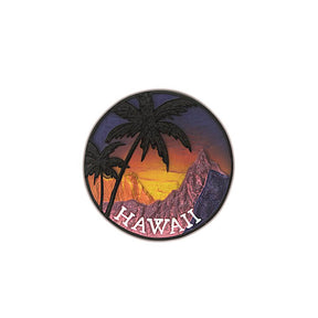 Hand Painted Polyresin Magnet featuring a Sunset Palm design with Hawaii lettering, capturing the beauty of island sunsets.