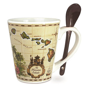12 oz. Mug & Spoon Set featuring the Islands of Hawaii design, perfect for enjoying hot drinks with an island flair.