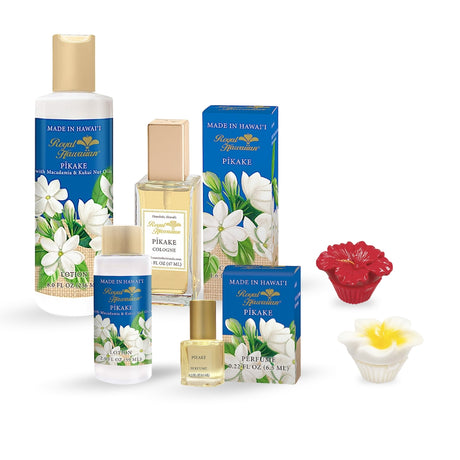 Pīkake Cologne, Lotion, and Lip Gloss Gift Bundle featuring elegant, jasmine-scented beauty products in a tropical-themed set perfect for pampering.