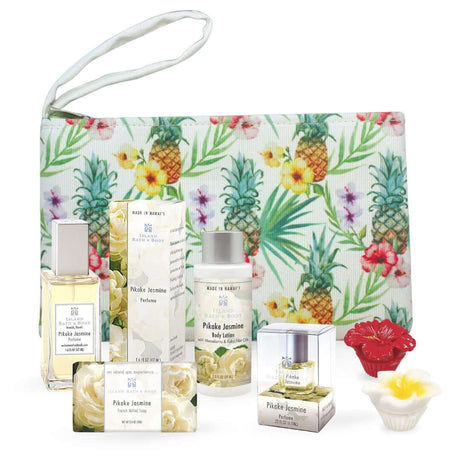 Pikake Jasmine Travel Beauty Gift Bundle featuring luxurious travel-sized beauty products with a fragrant jasmine scent, perfect for on-the-go pampering.