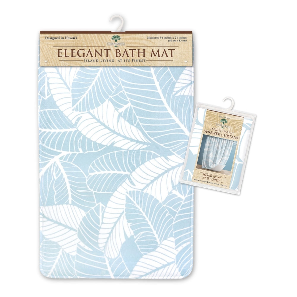 Tropical Leaves Bathroom Accessories Gift Bundle in light blue, featuring calming island foliage designs to refresh your bathroom décor.