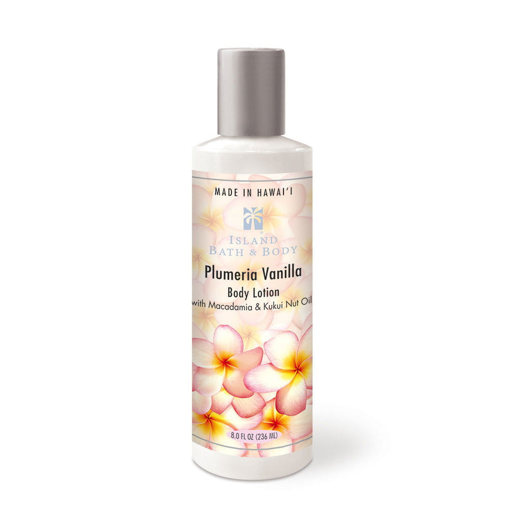 Plumeria Vanilla Classic Lotion enriched with aloe vera and macadamia oils.