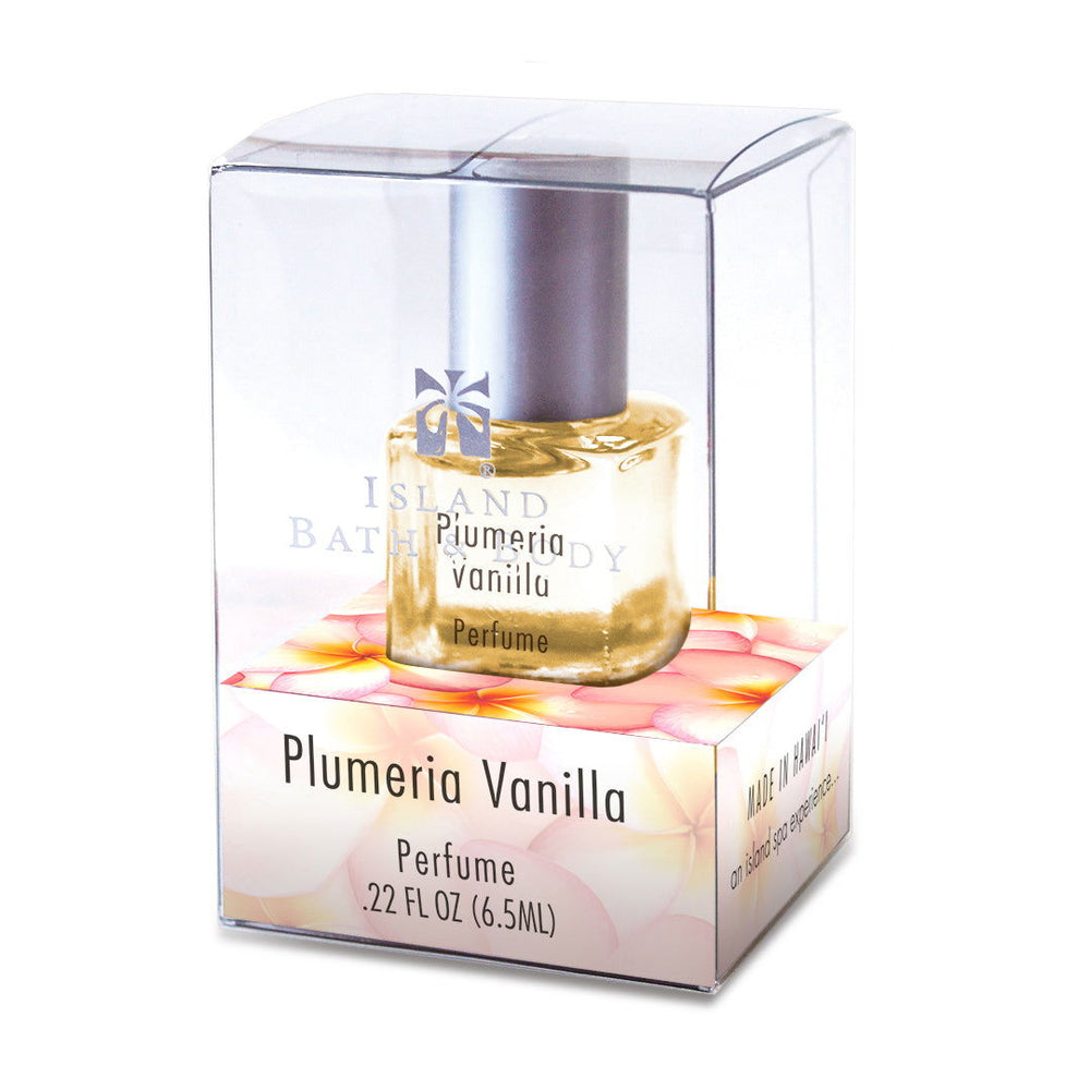 Hawaiian Plumeria Vanilla Perfume in elegant gift box packaging.