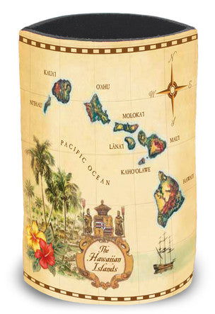 Island can cooler featuring a tan design with the Islands of Hawaii, showcasing detailed illustrations of the islands, perfect for keeping drinks cool.