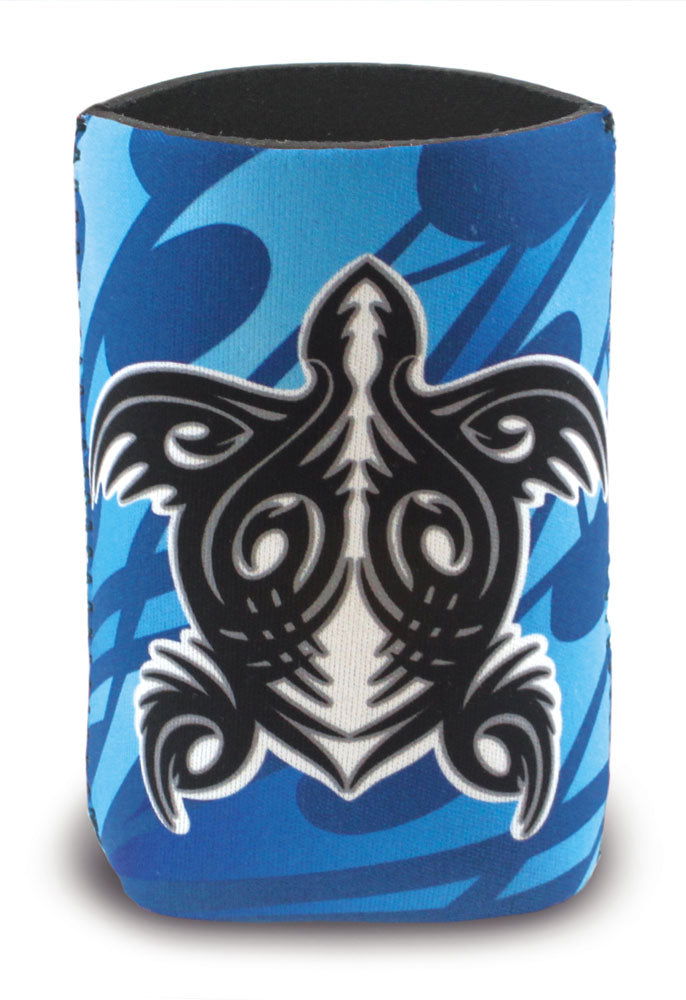 Island can cooler featuring a Tribal Honu design, showcasing intricate tribal patterns of a honu (sea turtle), perfect for keeping your drinks cool with a touch of island style.