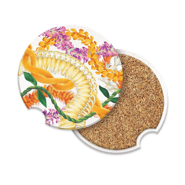 Set of Island Car Coasters featuring the Leis of Aloha design, adding a touch of Hawaiian style to your car.