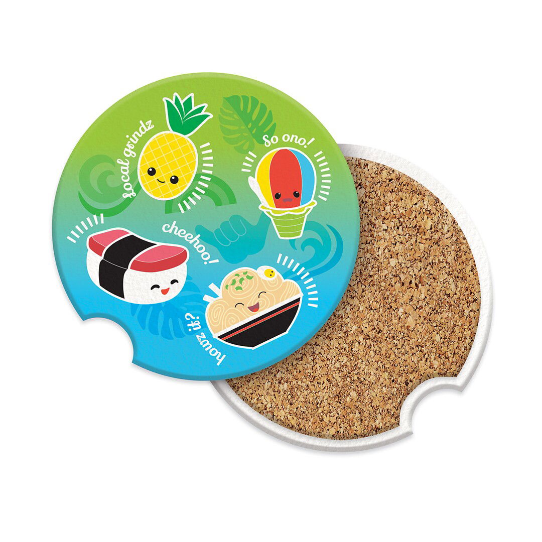 Island Car Coasters with the playful Local Grindz design, perfect for protecting your car’s cup holders.