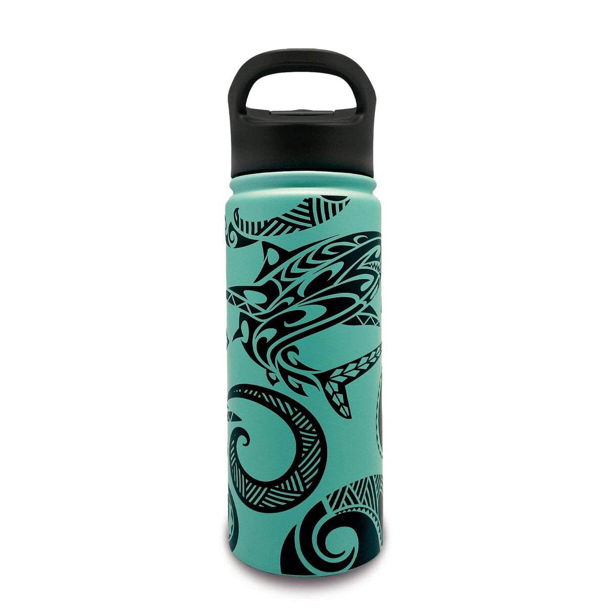 Durable island flask showcasing a unique tribal shark pattern, ideal for hydration on the go.