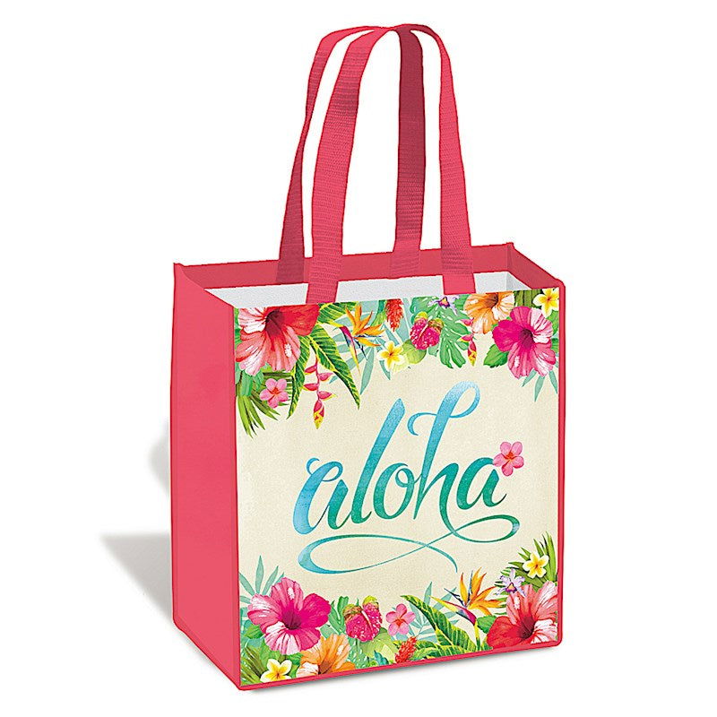 Island tote featuring an Aloha Floral design, showcasing vibrant tropical flowers, perfect for carrying essentials with a touch of island style.